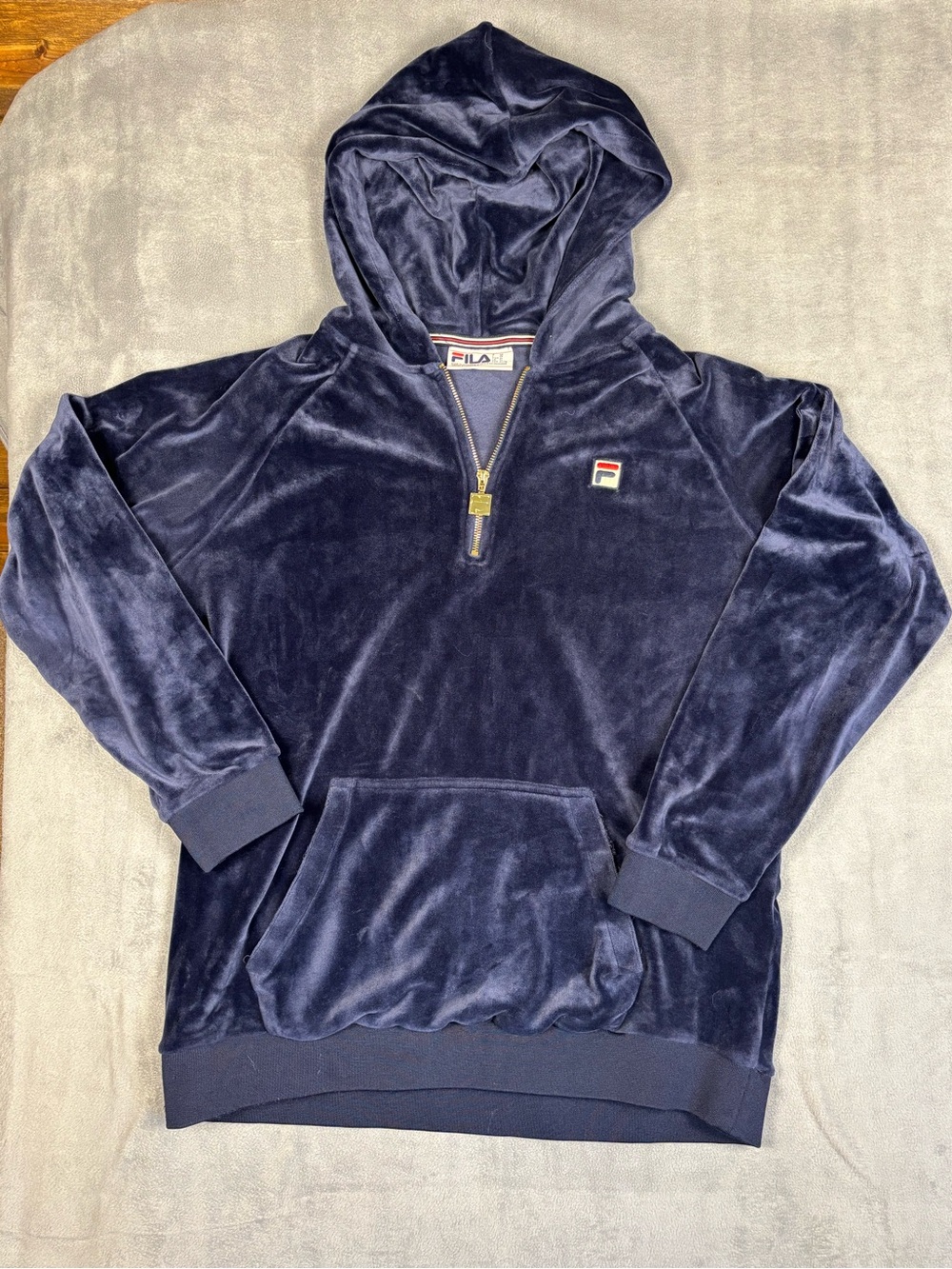 FILA Men's XL Velour Hoodie Jacket Navy Blue 1/4 Zip Pullover Sweatshirt